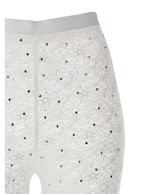 Alessandra Rich White Rhinestone-Embellished Lace Leggings With Flared Silhouette