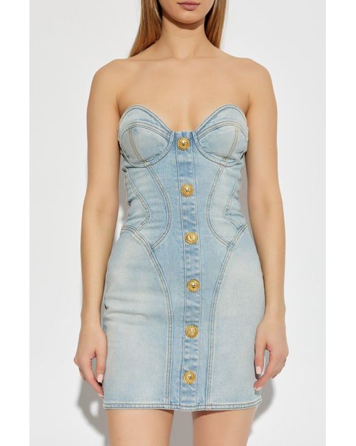 Balmain Blue Strapless Button Detailed Denim Dress