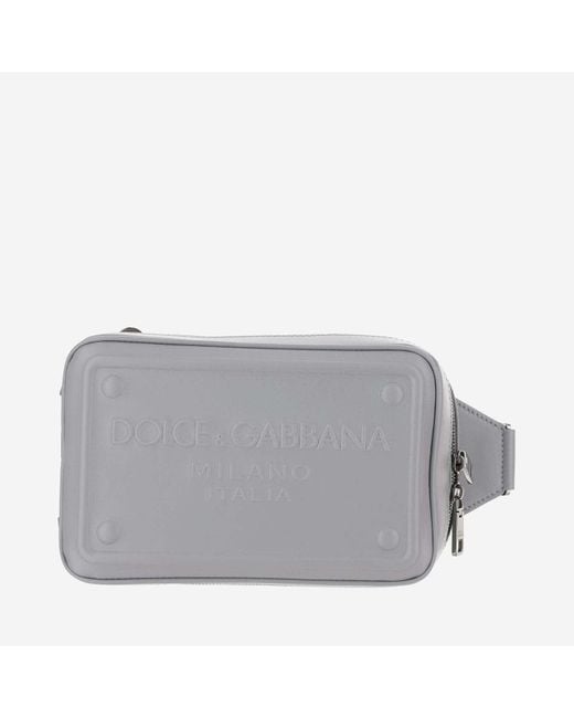 Dolce & Gabbana Gray Calfskin Leather Fanny Pack With Embossed Logo for men