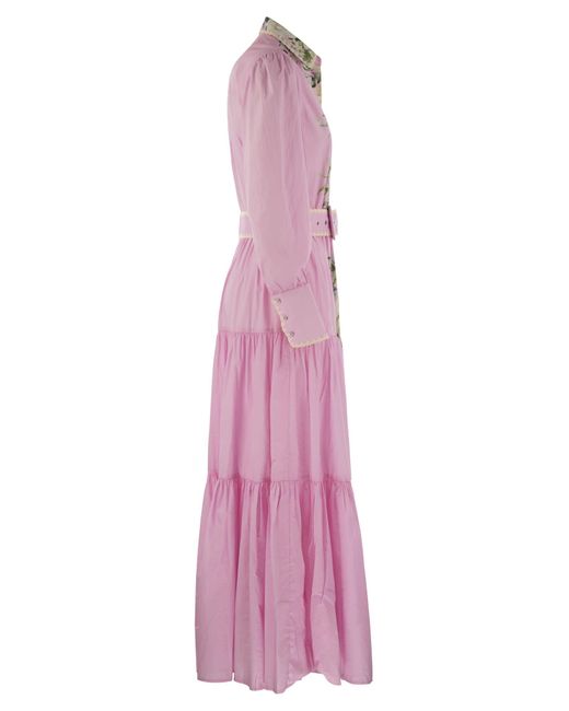 Mc2 Saint Barth Pink Long Cotton Dress With Floral Pattern