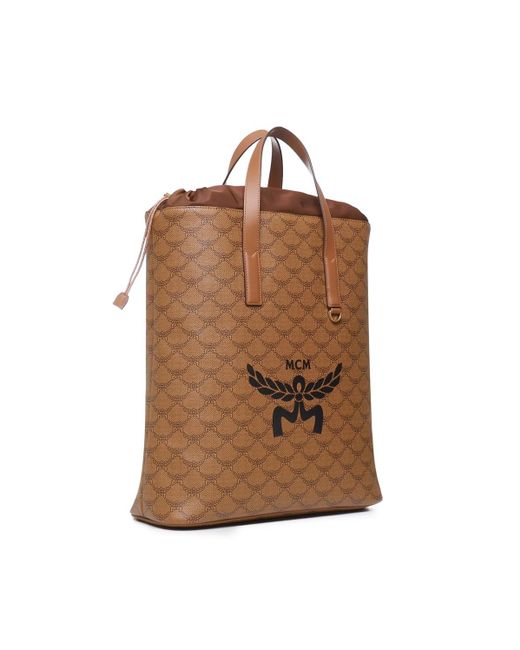 MCM Brown Himmel Lauretos Backpack With Drawstring Closure And Natural Nappa Leather Finishes