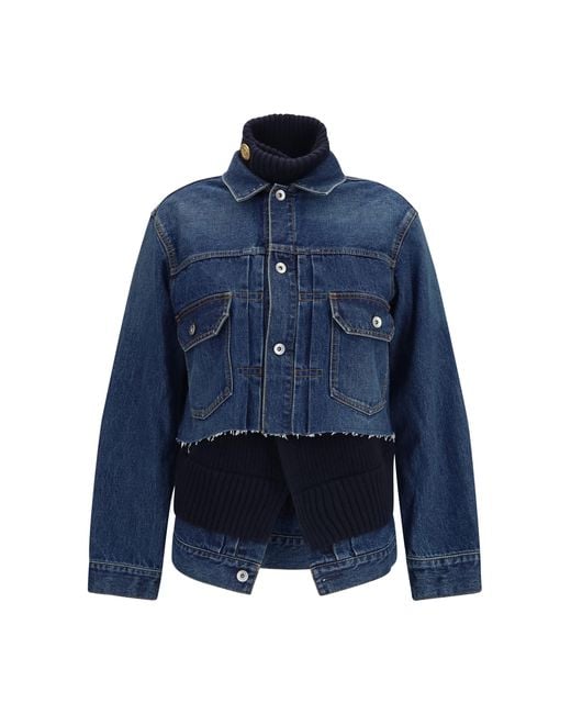 Sacai Blue Denim Jacket With Wool Knit Layer Cotton
