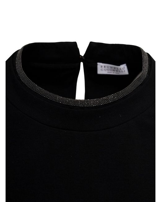 Brunello Cucinelli Black Cotton T-Shirt With Monile Crew Neck