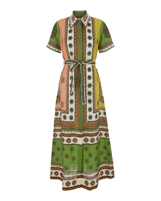 ALÉMAIS Green Contina Long Dress With Front Belt And All-Over Print