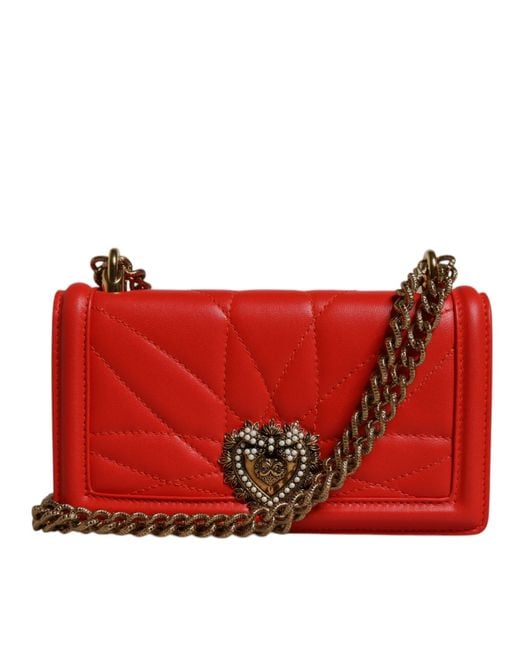 Dolce & Gabbana Red Quilted Devotion Crossbody Chain Phone Cover Bag Lamb Leather