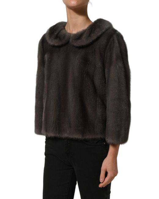 Dolce & Gabbana Black Dark Gray Mink Fur Round Collar Blouse Top