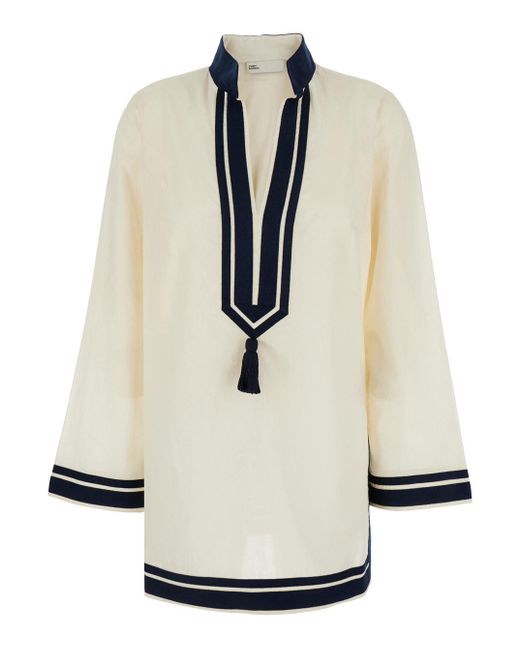 Tory Burch White Caftan With Contrasting Details And Tassel