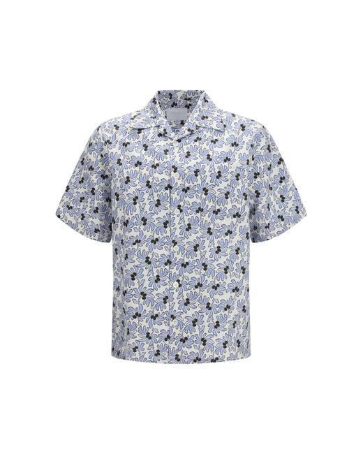 Prada Blue Shirt With Floral Print Ivory-Light Ivory/Light Cotton for men