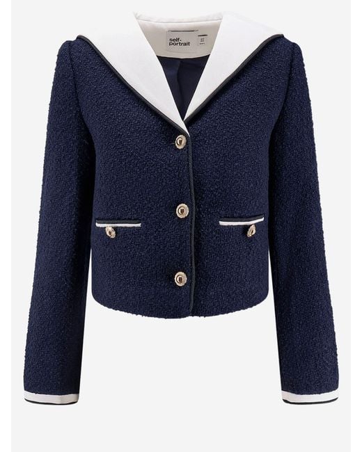 Self-Portrait Blue Contrasting Collar Wool Blend Bouclé Jacket