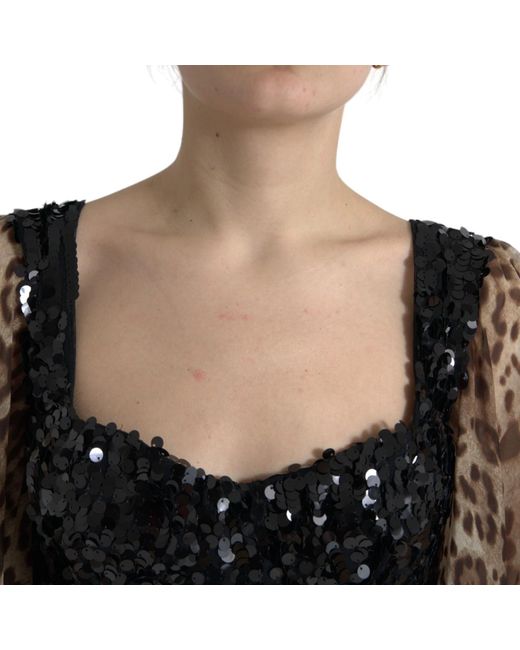 Dolce & Gabbana Black Leopard Print Silk Sequin Ruffle Maxi Dress Nylon