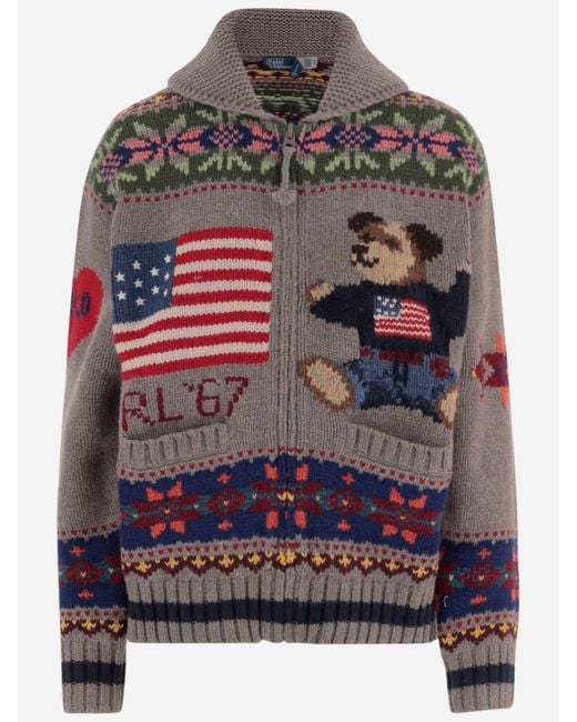Polo Ralph Lauren Gray Wool Sweater With Polo Bear Print And Geometric Pattern