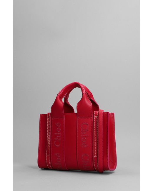 Chloé Red Woody Hand Bag In Rose-pink Leather