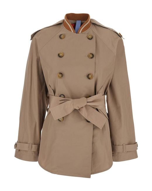 ..,merci Brown Double-Breasted Trench Coat With Waist Belt