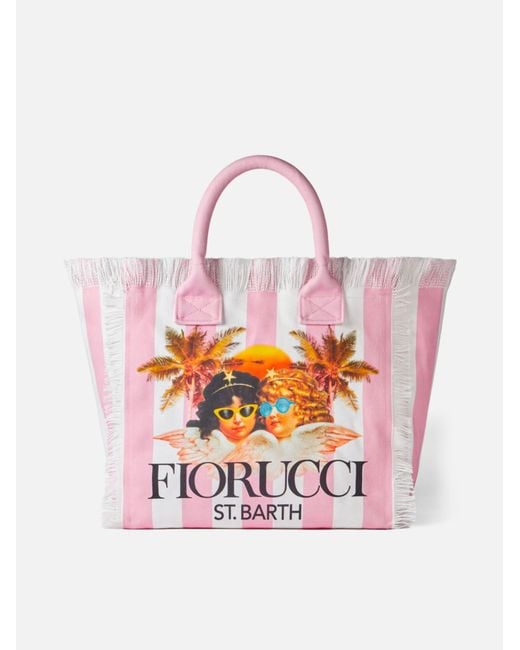 Mc2 Saint Barth White Vanity Canvas Shoulder Bag With And Stripes And Fiorucci Angels Print Fiorucci Special Edition