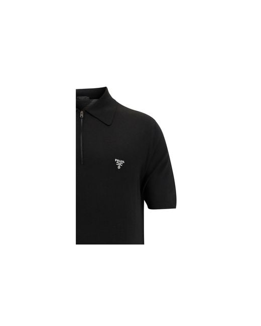 Prada Black Virgin Wool Polo Shirt Fleece Ovis Aries for men