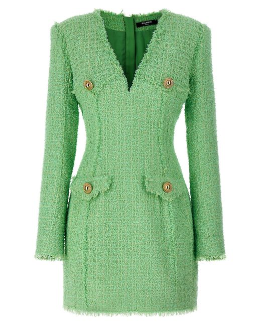 Balmain Green Logo Button Tweed Dress Dresses