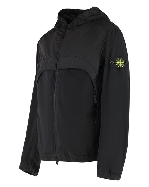 Stone Island Black Hooded Windbreaker Polyamide Raincoats for men