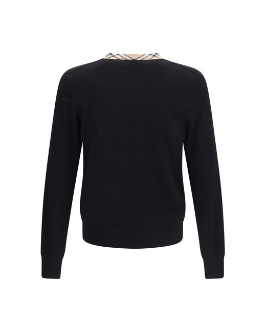 Burberry Black Wool Sweater Check Trim Merino for men