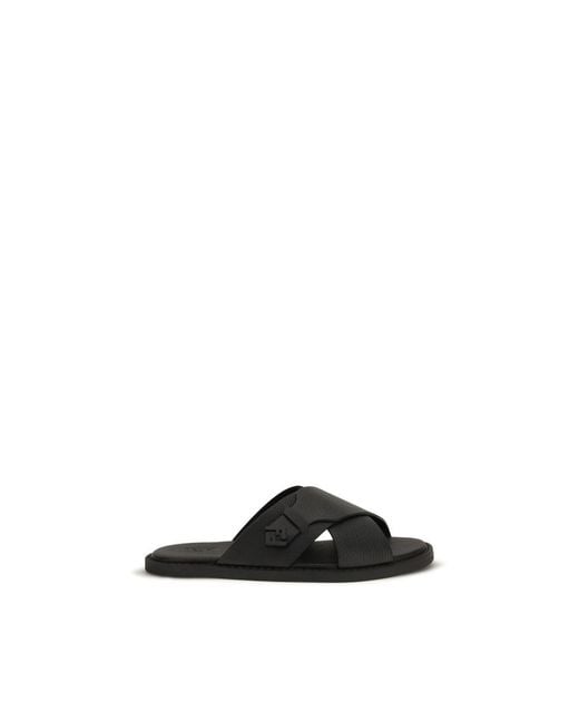 Fendi Black Calf Leather Bos Taurus Flat Sandals for men