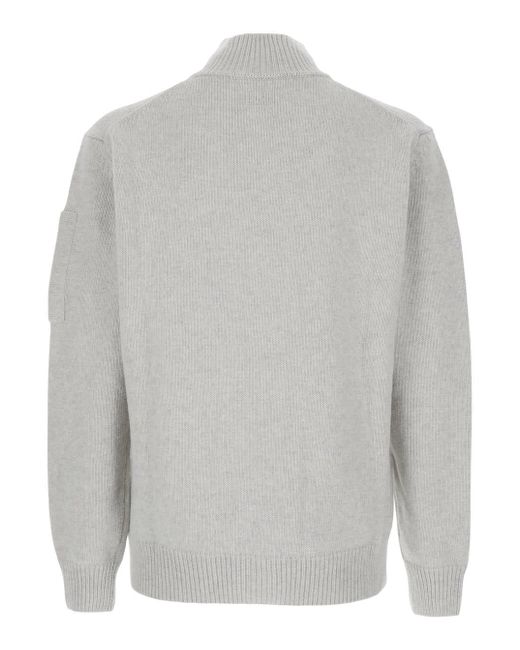 C P Company Gray Cardigan With High Neck And Logo Plaque On The Sleeve for men