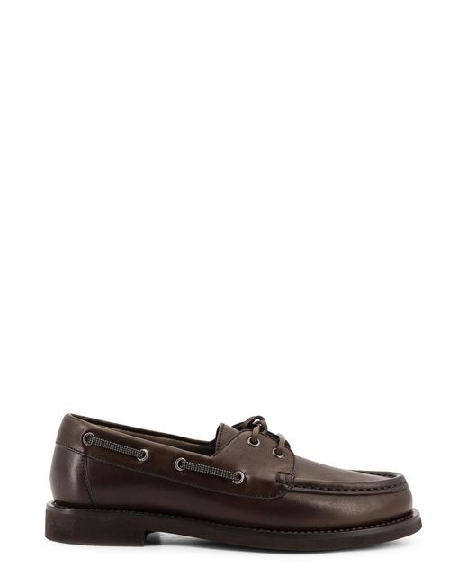 Brunello Cucinelli Brown Leather Loafers With Monili Detail