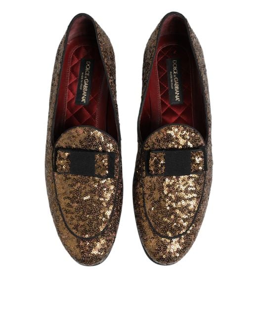 Dolce & Gabbana Brown Gold Sequined Slip On Loafers Men Dress Shoes for men