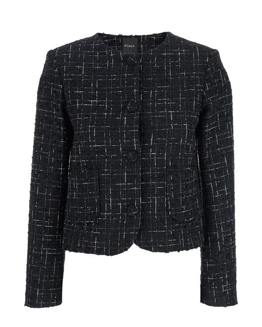 Le Plain Black Jacket With Round Neck And Front Button Closure