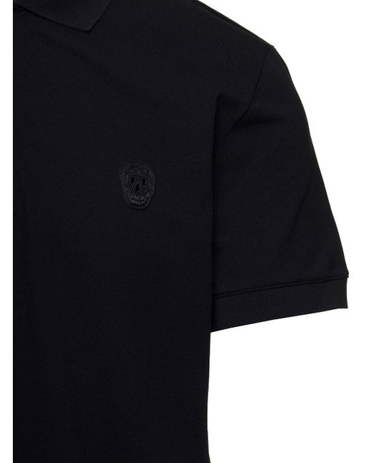 Alexander McQueen Black Polo Shirt With Tonal Skull Embroidery In Cotton for men