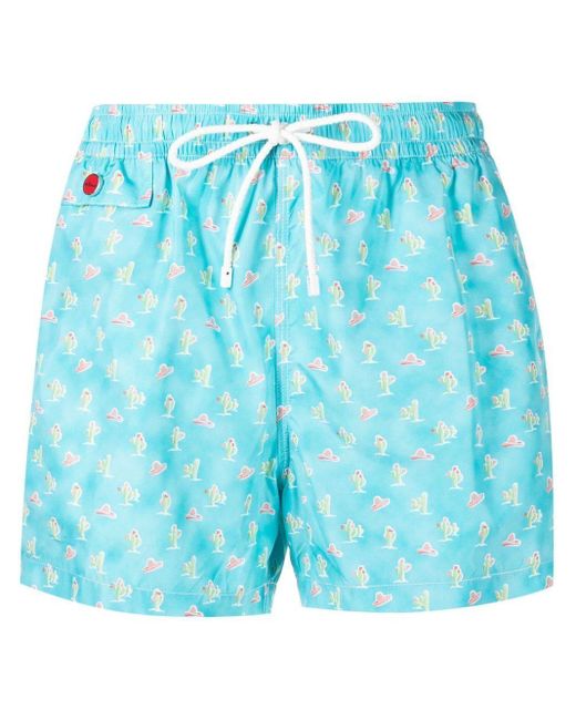 Kiton Synthetic Cyan Swim Shorts With Small Cactus And Sombreri Print ...