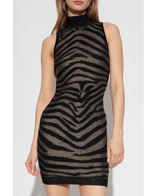 Balmain Black Zebra Printed Highneck Mini Dress