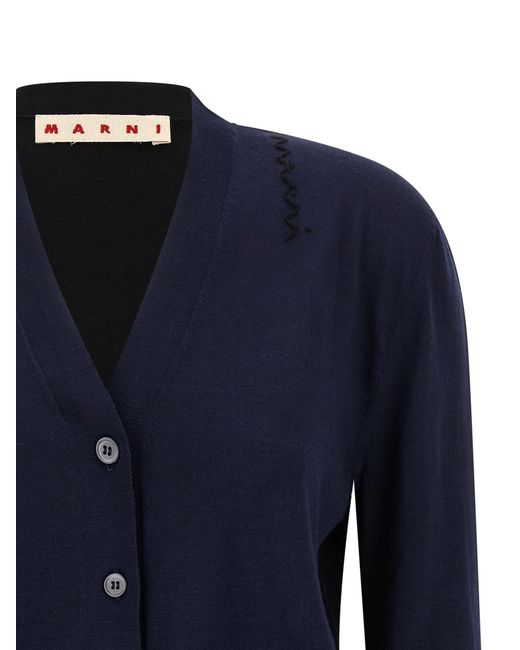Marni Blue Two-Tone Wool And Silk Cardigan With Embroidered Detail