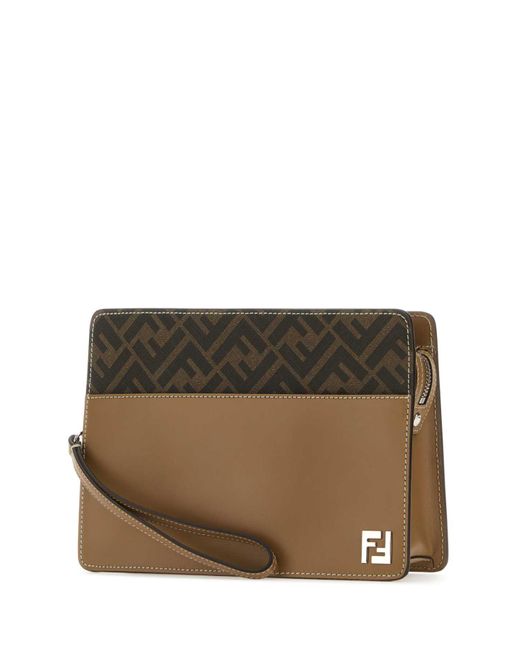 Fendi Brown Canvas And Leather Standing Clutch for men