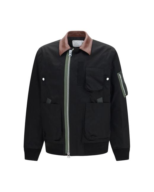 Sacai Black Cotton Bomber Jacket With Leather Details for men