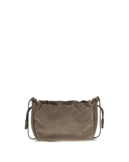 Brunello Cucinelli Gray Suede Shoulder Bag Calf Leather Bos Taurus