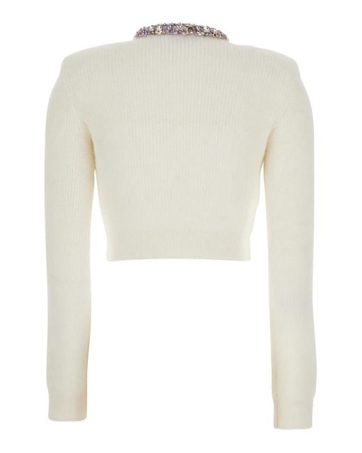 Self-Portrait White Whirw Cropped Crewneck Cardigan With Crystal Embellishments On Collar And Buttons
