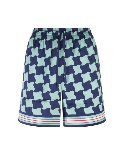Casablancabrand Blue And Aquamarine Check Silk Shorts for men