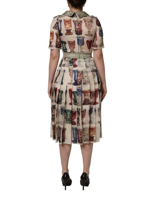 Dolce & Gabbana Natural Vintage Glassware Midi Dress Silk Cotton Nylon Elastane