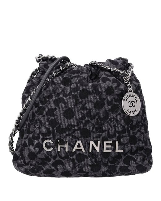 Chanel Black Denim Quilted Floral Print Mini 22 Cotton Shoulder Bags