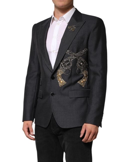 Dolce & Gabbana Black Dark Gray Bee Embroidery Wool Coat Blazer for men