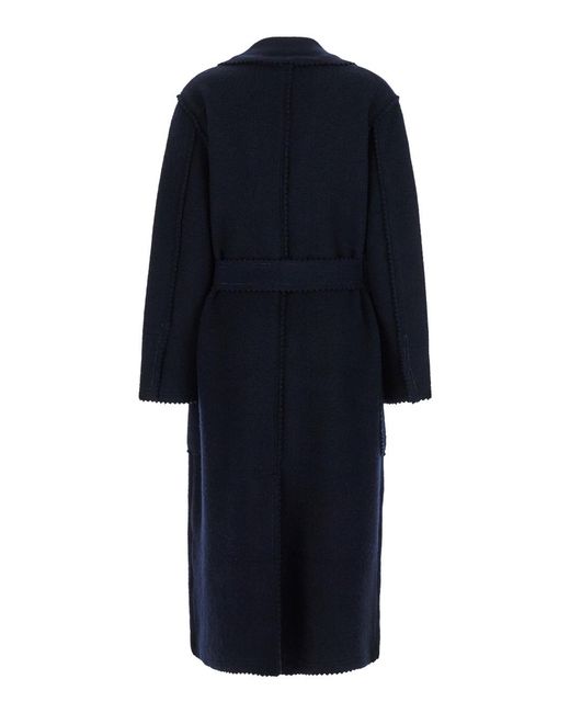 Max Mara Blue Long Coat With Belt Wool And Cashmere