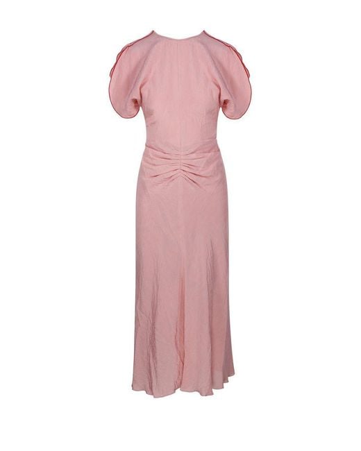 Victoria Beckham Pink Rond-Neck Gathered Midi Dress