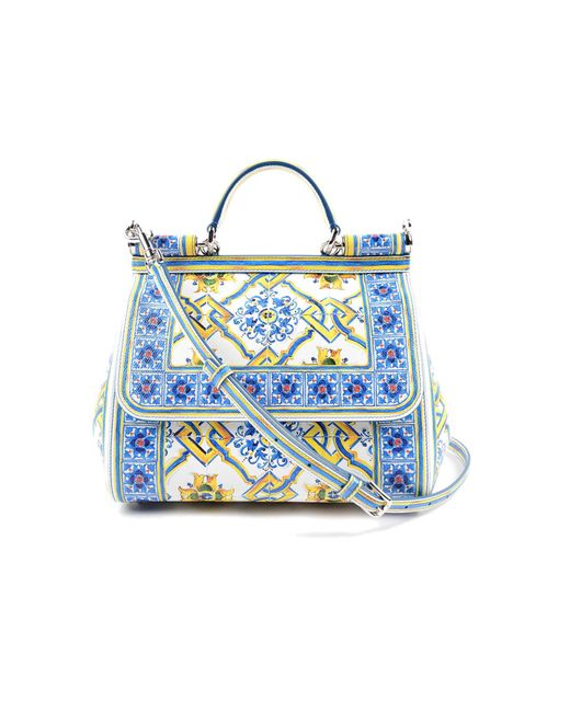 Dolce & Gabbana Blue Mini Sicily Majolica-Print Leather Cross-Body Bag