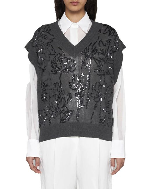 Brunello Cucinelli Black Sequined Linen-blend Sweater