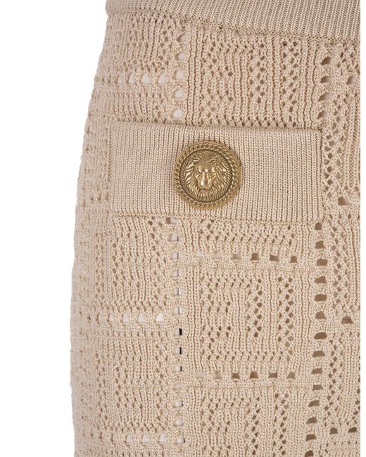 Balmain Natural Beige Perforated Knit Shorts With Monogram
