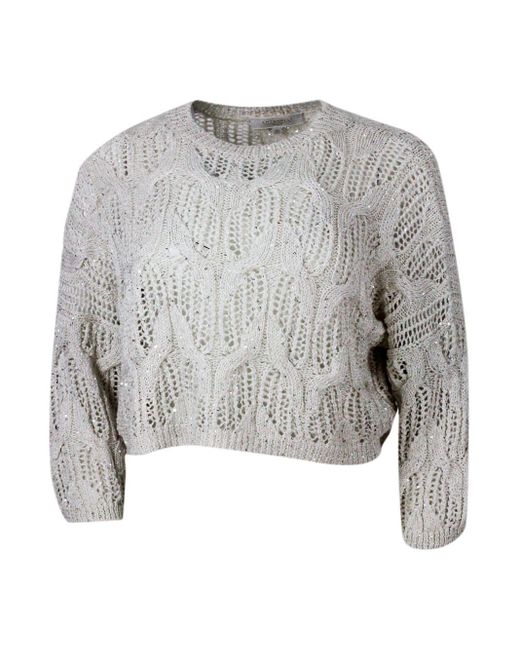 Antonelli Gray Long-Sleeved Crew-Neck Sweater With Braided Workmanship Embellished With Cotton And Linen Microsequins
