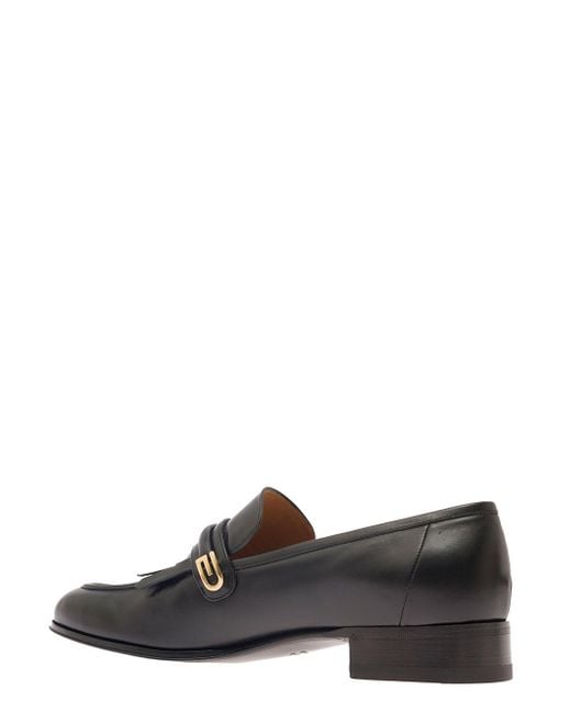 Gucci Gray Black Loafers With Fringes And Double G In Smooth Leather for men