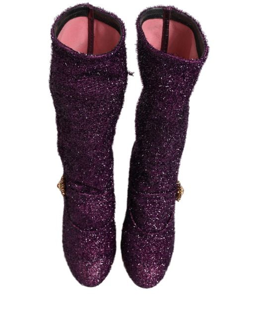 Dolce & Gabbana Purple Crystal Lurex Fantasy High Boots Shoes