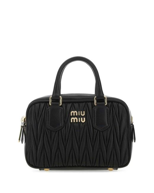 Miu Miu Black Matelasse Logo Plaque Zipped Tote Bag