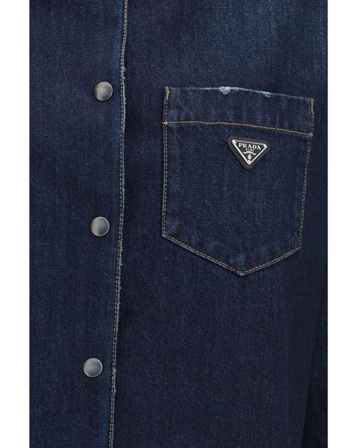 Prada Blue Denim Shirt With Logo Cotton