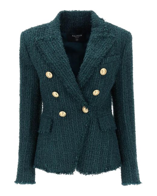 Balmain Green Double Breasted Jacket In Tweed